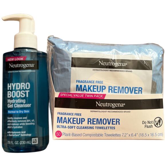 Lot 2 Neutrogena Hydro Boost Hydrating Gel Cleanser Face Wash + Makeup Wipes - Picture 1 of 4